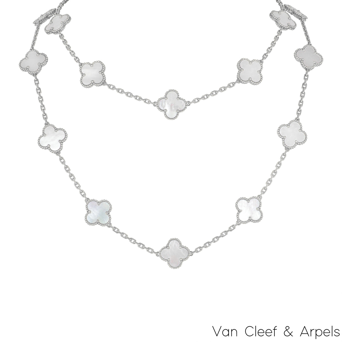 Van Cleef & Arpels White Gold Mother of Pearl Vintage Alhambra 20 Motif Necklace VCARF48800 Van Cleef & Arpels White Gold Mother of Pearl Vintage Alhambra 20 Motif Necklace VCARF48800